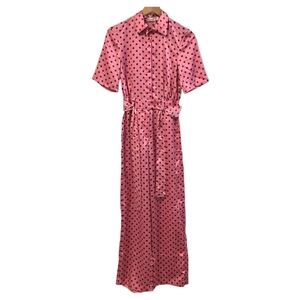 Mango MNG Pink And Black Polka Dot Belted Short Sleeve Jumpsuit Size XS NWT